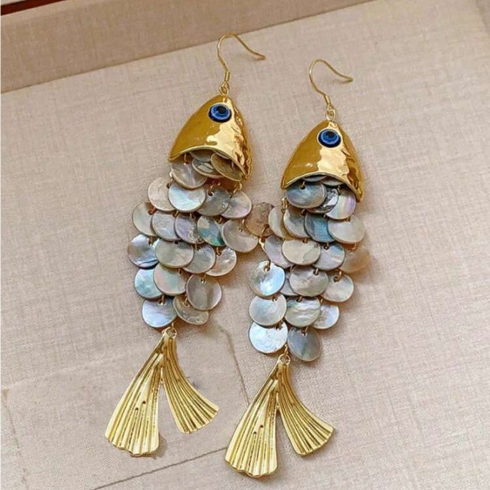 Anthropologie Gold and Iridescent Fish Drop Earrings
